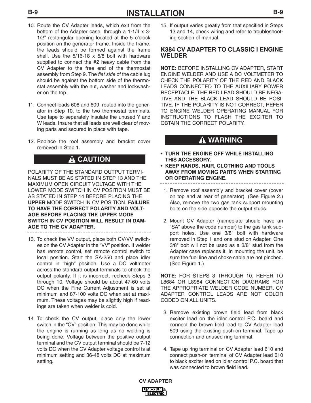 Lincoln Electric IM309-D manual K384 CV Adapter to Classic I Engine Welder 