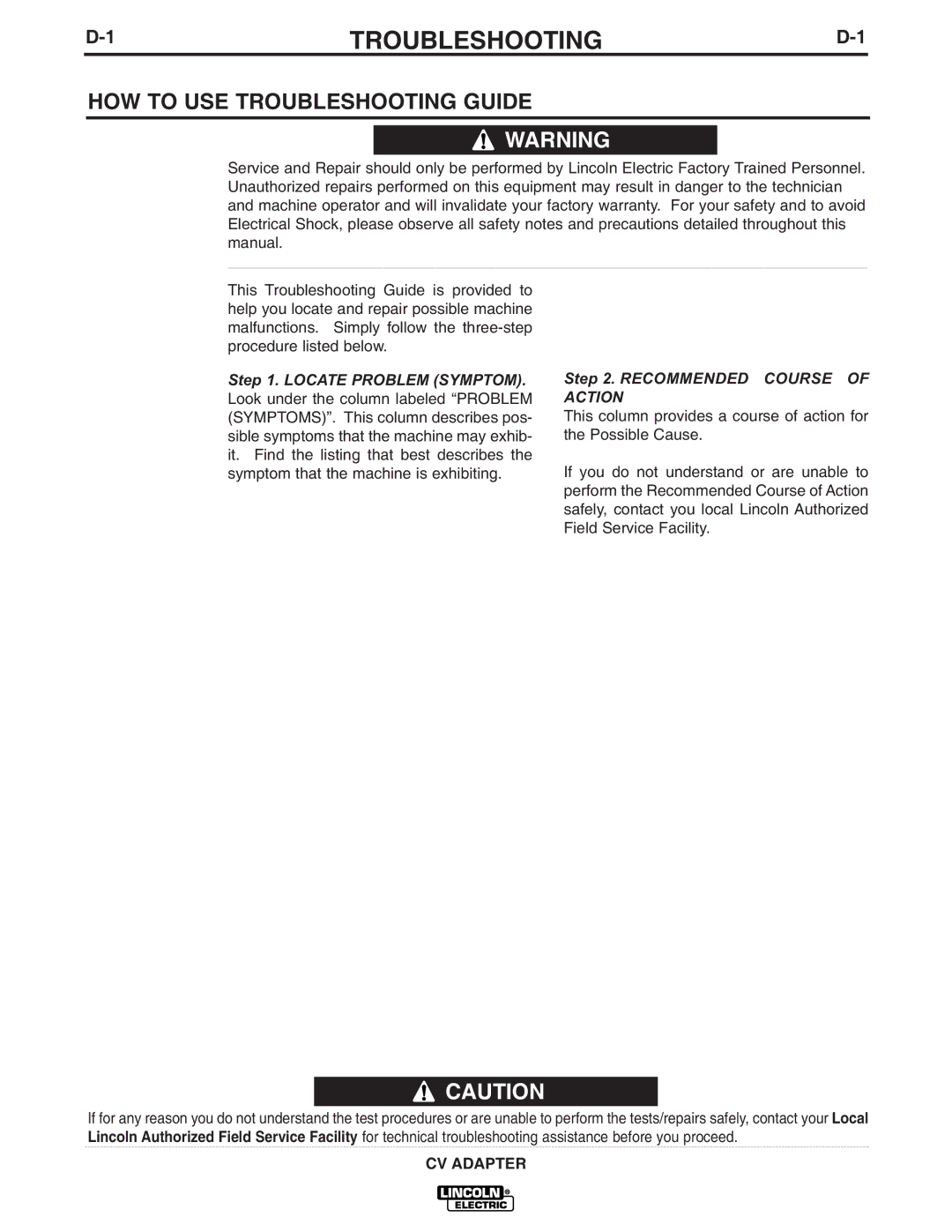 Lincoln Electric IM309-D manual 1TROUBLESHOOTINGD-1, HOW to USE Troubleshooting Guide 