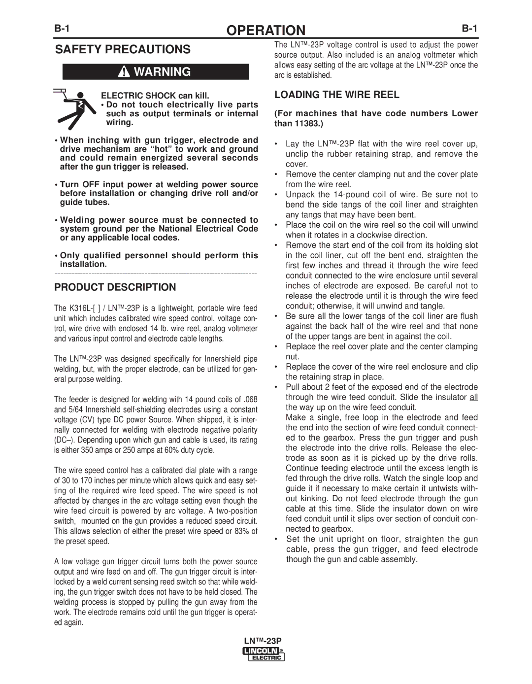 Lincoln Electric IM311-E manual Operation, Product Description, Loading the Wire Reel 