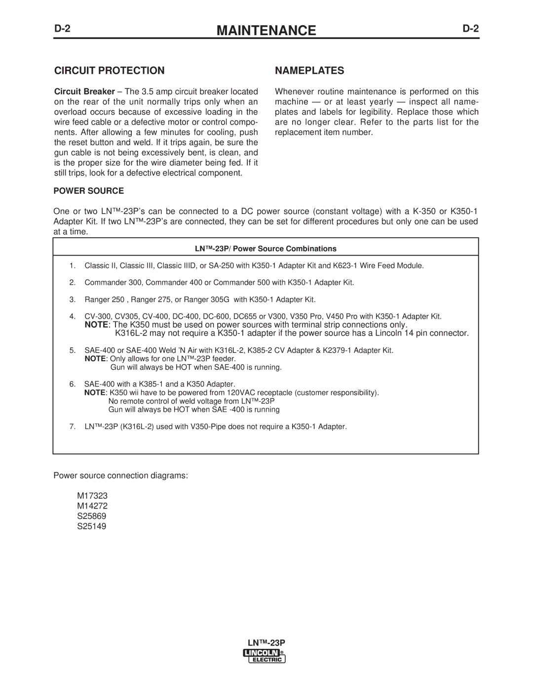 Lincoln Electric IM311-E manual Circuit Protection Nameplates, Power Source 