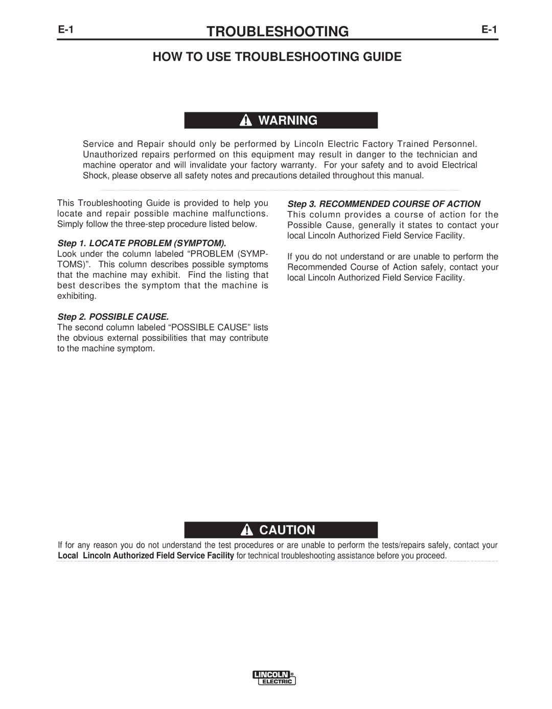 Lincoln Electric IM311-E manual HOW to USE Troubleshooting Guide 