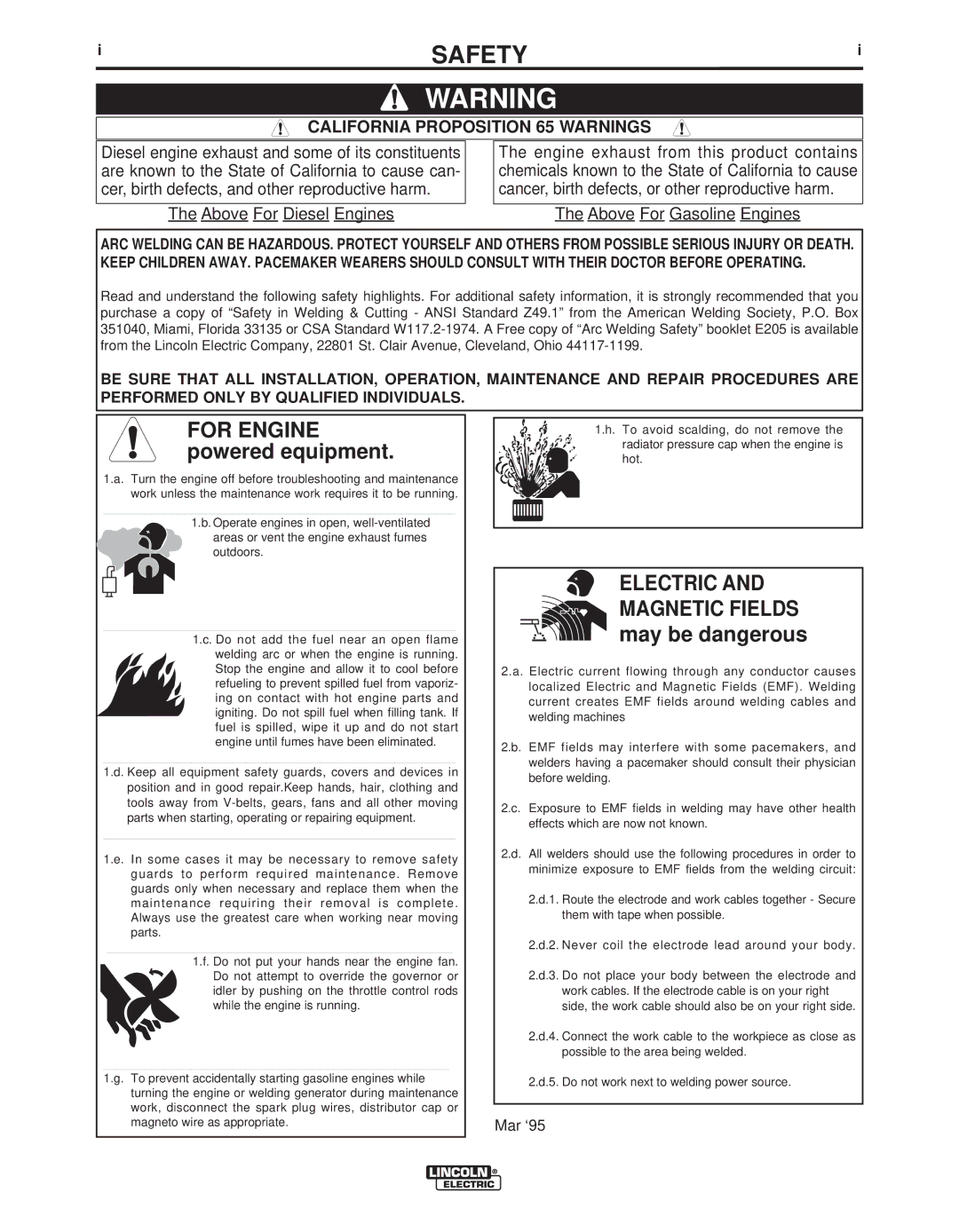 Lincoln Electric IM311-E manual Safety, California Proposition 65 Warnings 