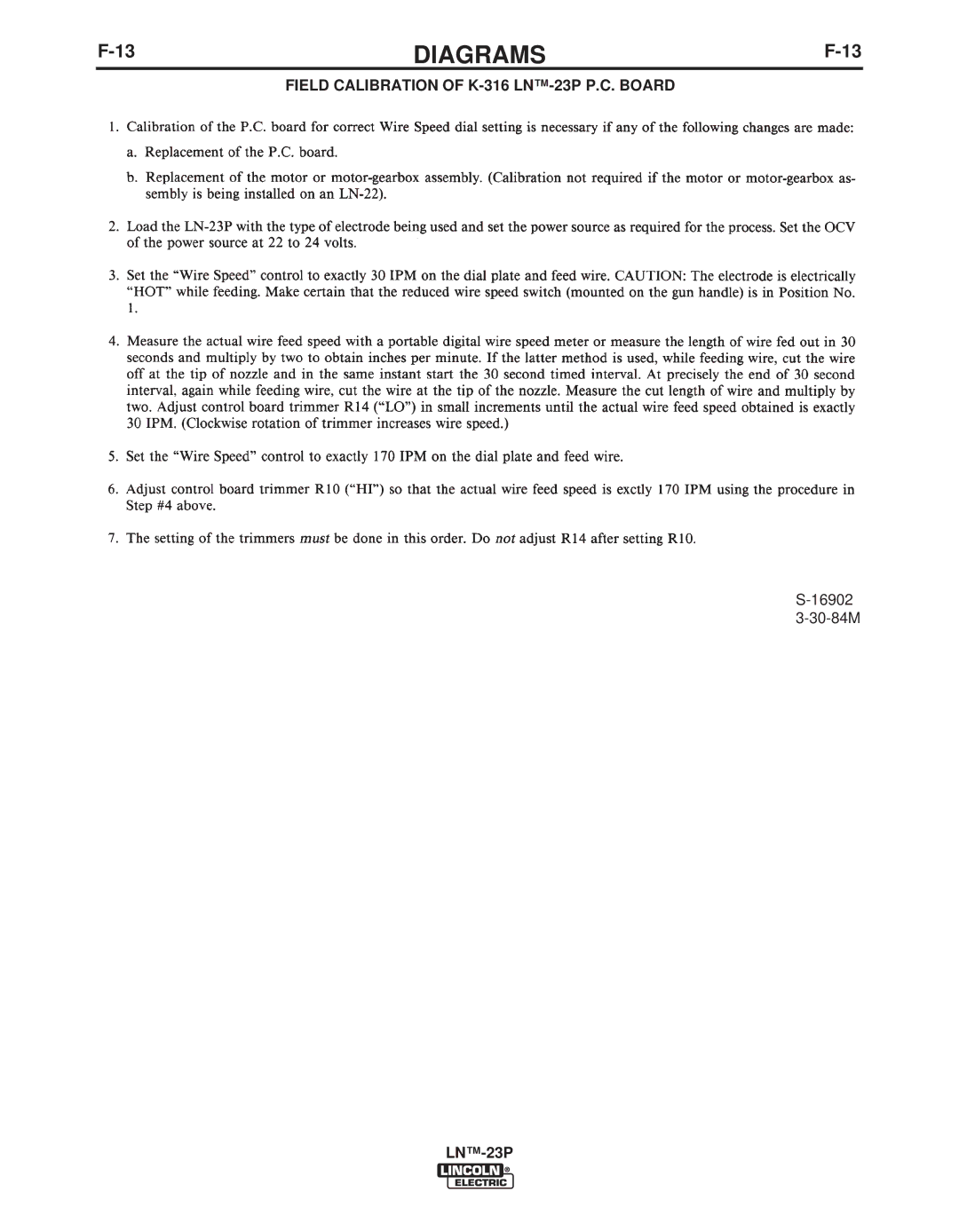 Lincoln Electric IM311-E manual Field Calibration of K-316 LN-23P P.C. Board 