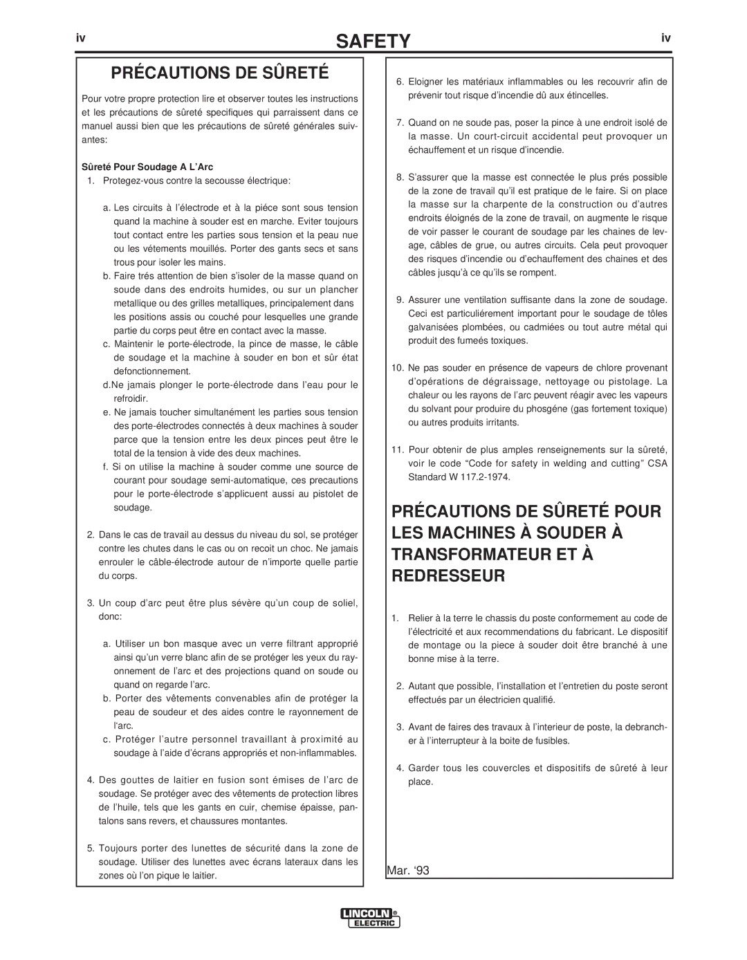 Lincoln Electric IM311-E manual Précautions DE Sûreté, Sûreté Pour Soudage a L’Arc 