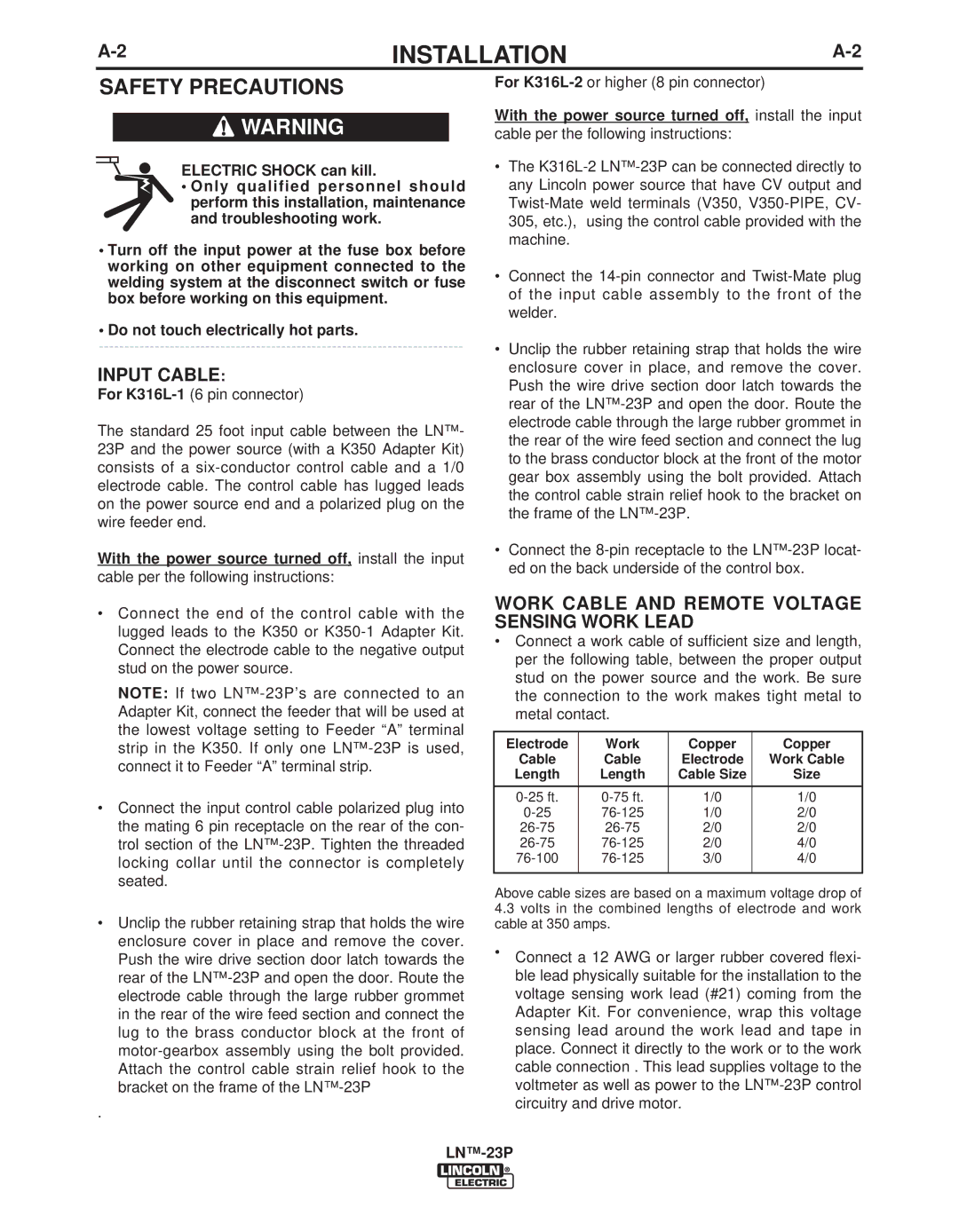 Lincoln Electric IM311-E manual Safety Precautions, Input Cable, Work Cable and Remote Voltage Sensing Work Lead 