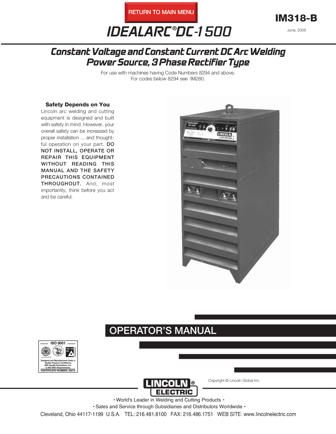 Lincoln Electric IM318-B manual Idealarc DC-1500June 