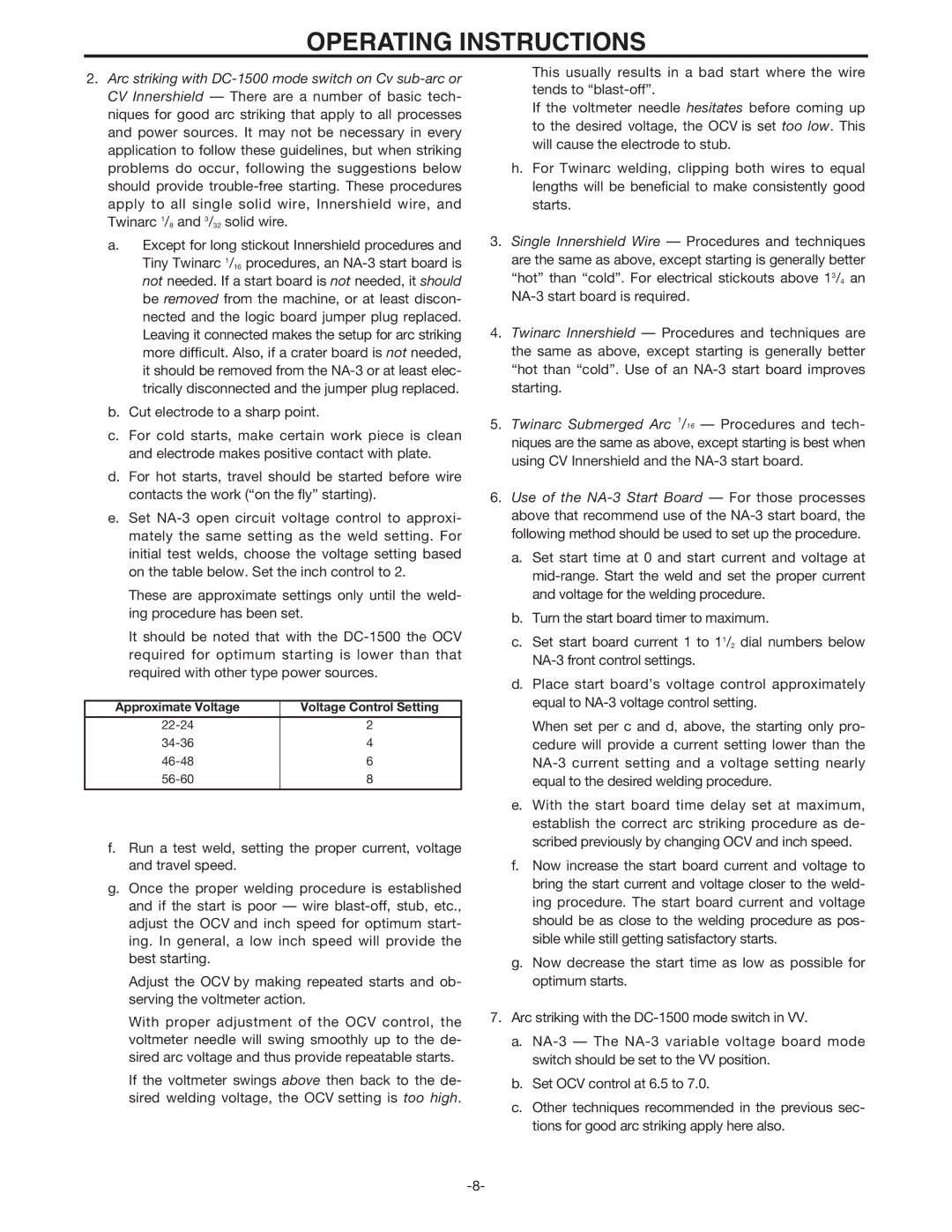 Lincoln Electric IM318-B manual Approximate Voltage Voltage Control Setting 