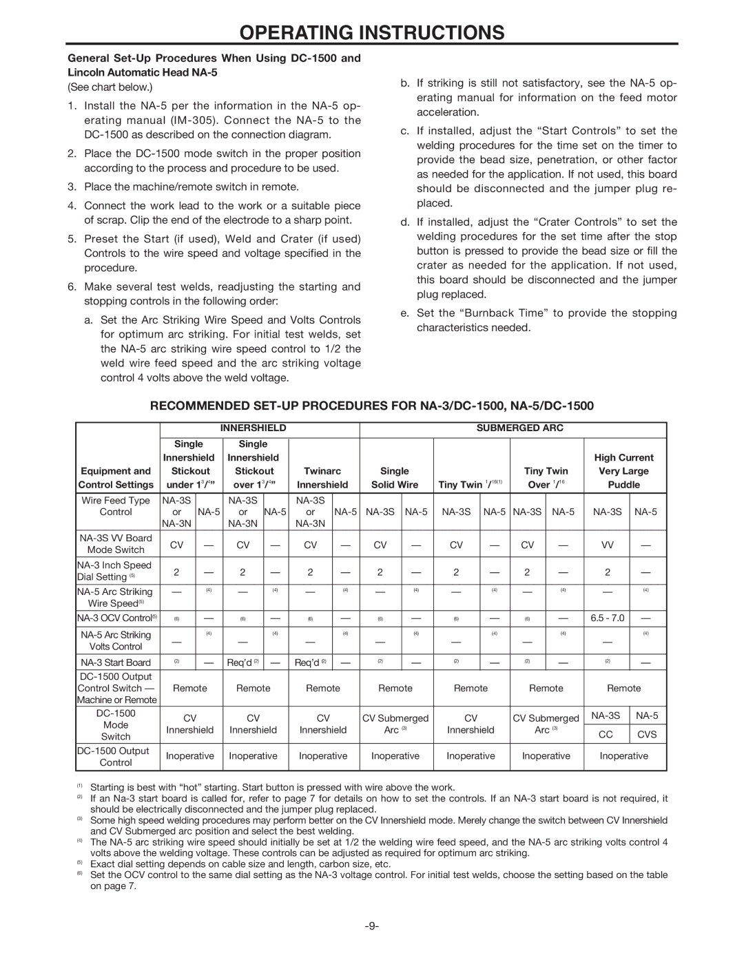 Lincoln Electric IM318-B manual Recommended SET-UP Procedures for NA-3/DC-1500, NA-5/DC-1500 