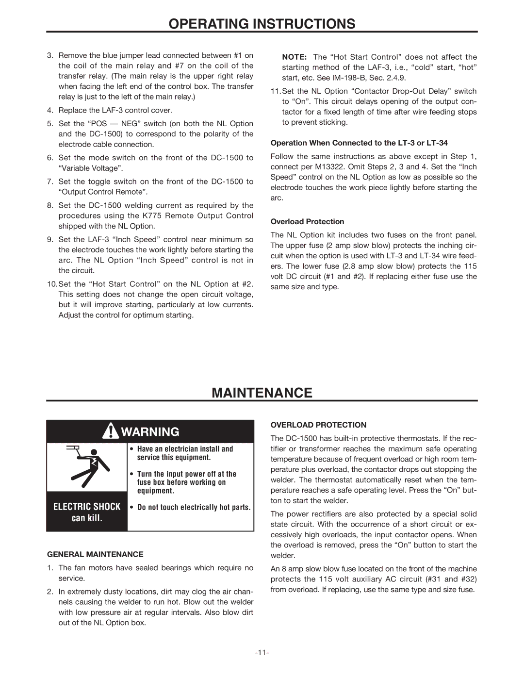 Lincoln Electric IM318-B manual Maintenance, Operation When Connected to the LT-3 or LT-34 