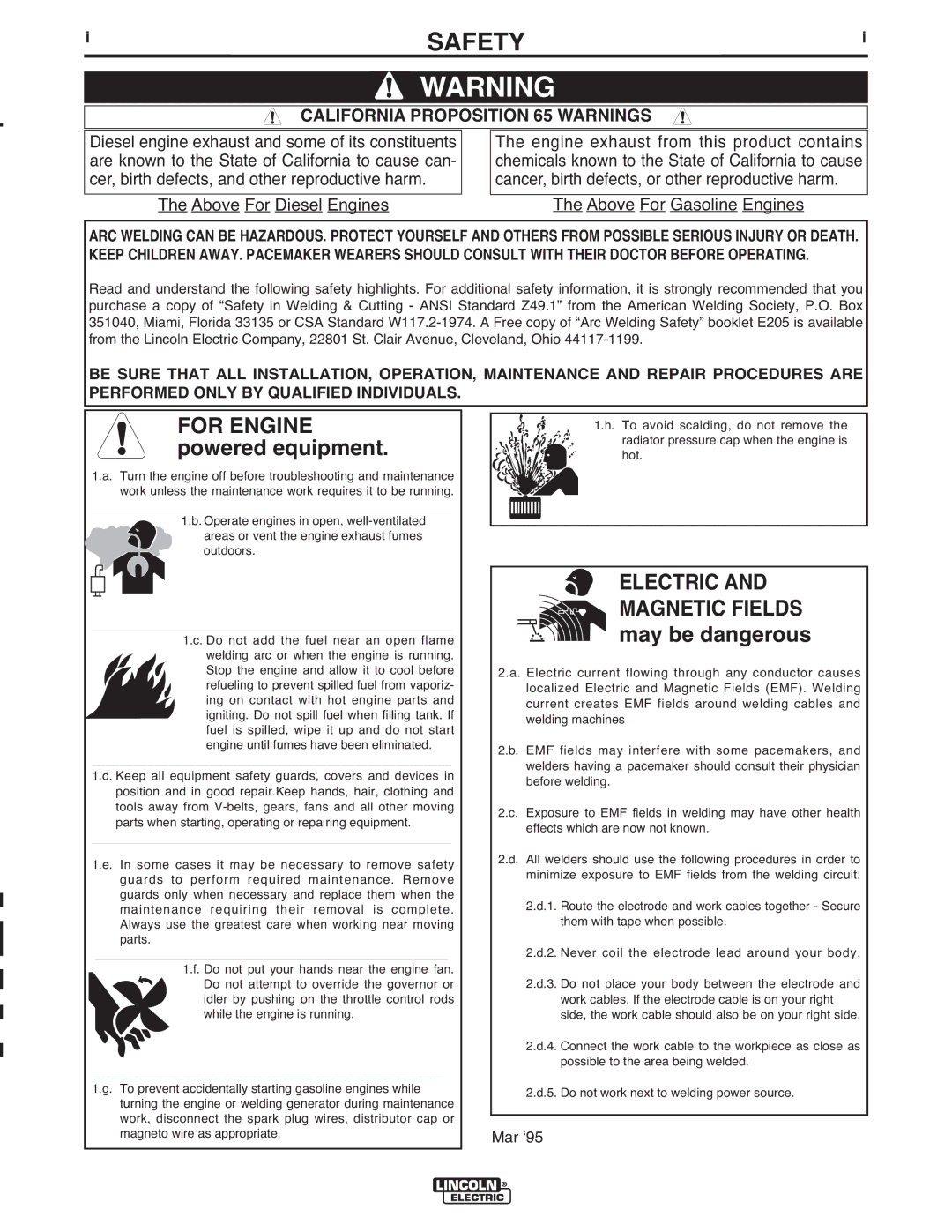 Lincoln Electric IM318-B manual Safety, California Proposition 65 Warnings 