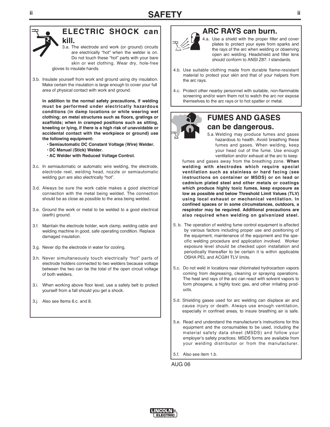 Lincoln Electric IM318-B manual Electric Shock can kill 