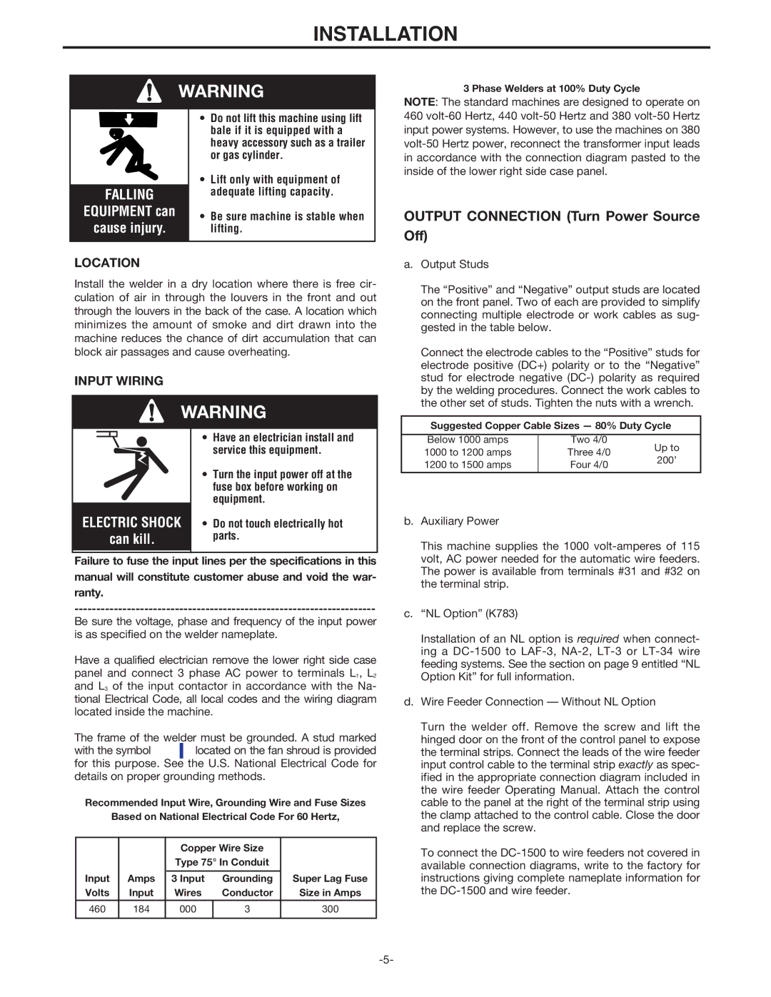 Lincoln Electric IM318-B manual Installation, Falling 