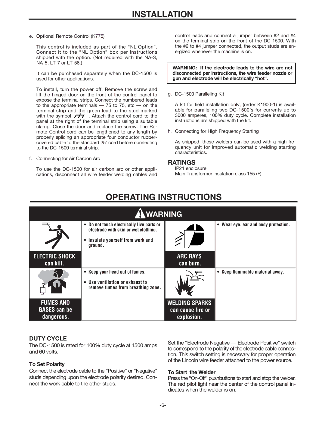 Lincoln Electric IM318-B manual Operating Instructions, ARC Rays 