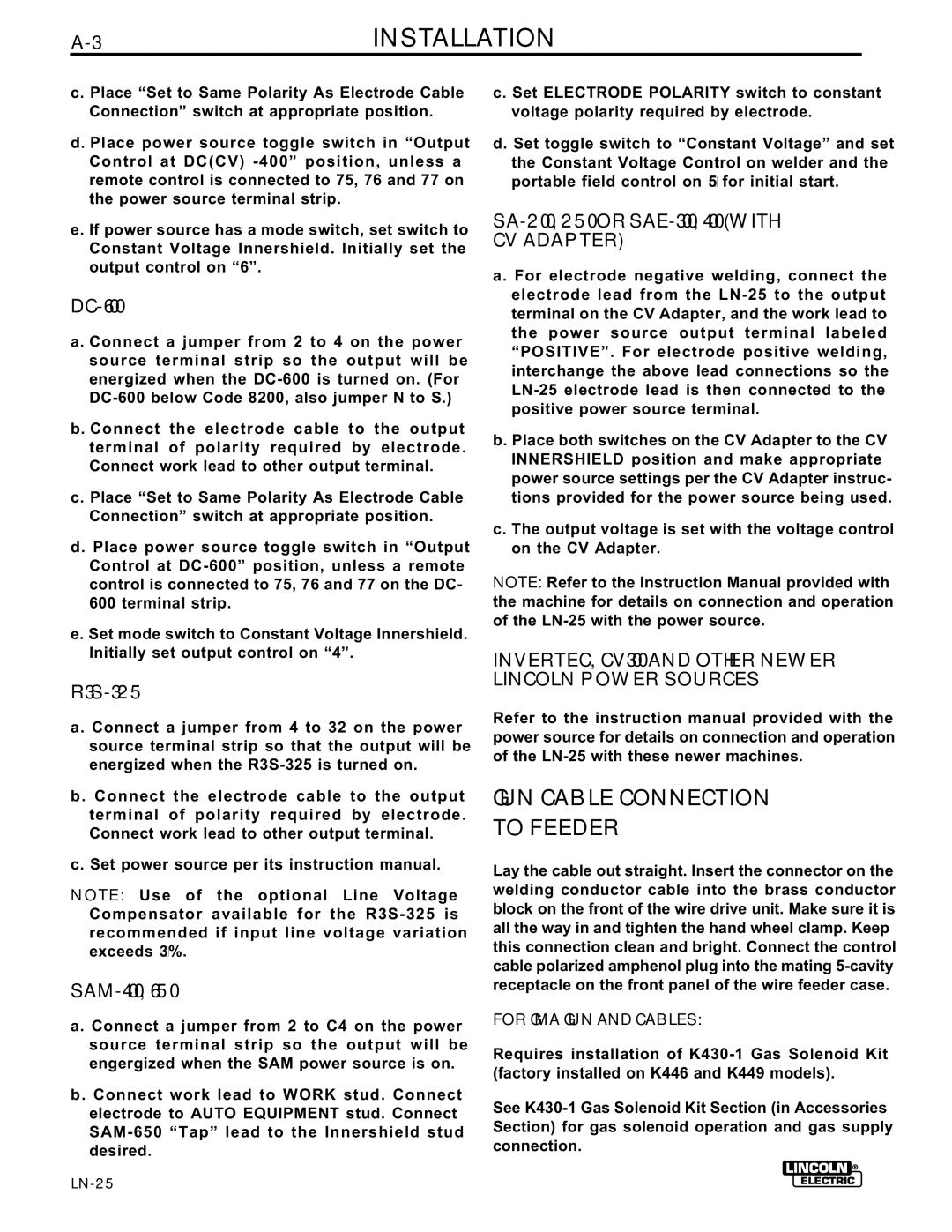 Lincoln Electric IM359-G manual 3INSTALLATION, GUN Cable Connection to Feeder, CV Adapter, For GMA GUN and Cables 