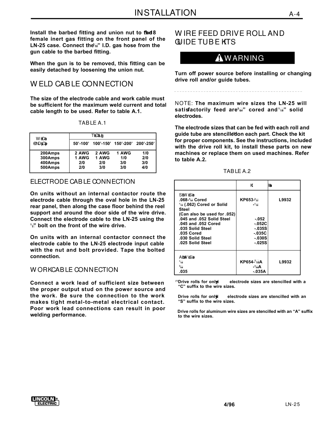 Lincoln Electric IM359-G manual INSTALLATIONA-4, Weld Cable Connection, Wire Feed Drive Roll and Guide Tube Kits 