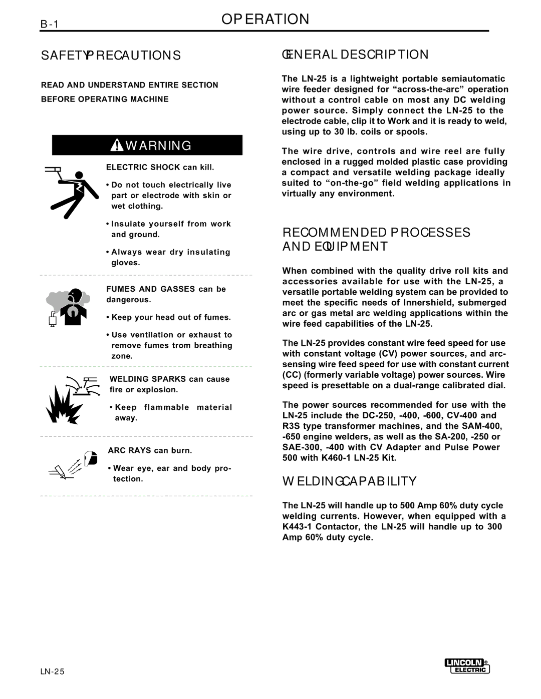 Lincoln Electric IM359-G manual 1OPERATION, General Description, Recommended Processes and Equipment, Welding Capability 