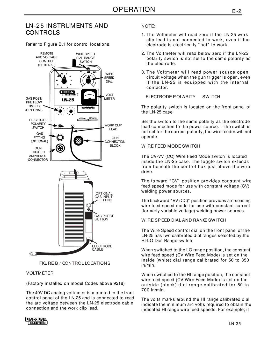 Lincoln Electric IM359-G manual OPERATIONB-2, LN-25 Instruments and Controls 