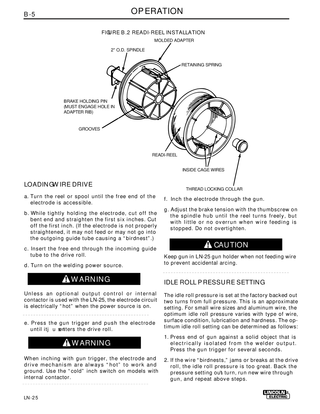 Lincoln Electric IM359-G manual 5OPERATION, Loading Wire Drive, Idle Roll Pressure Setting 