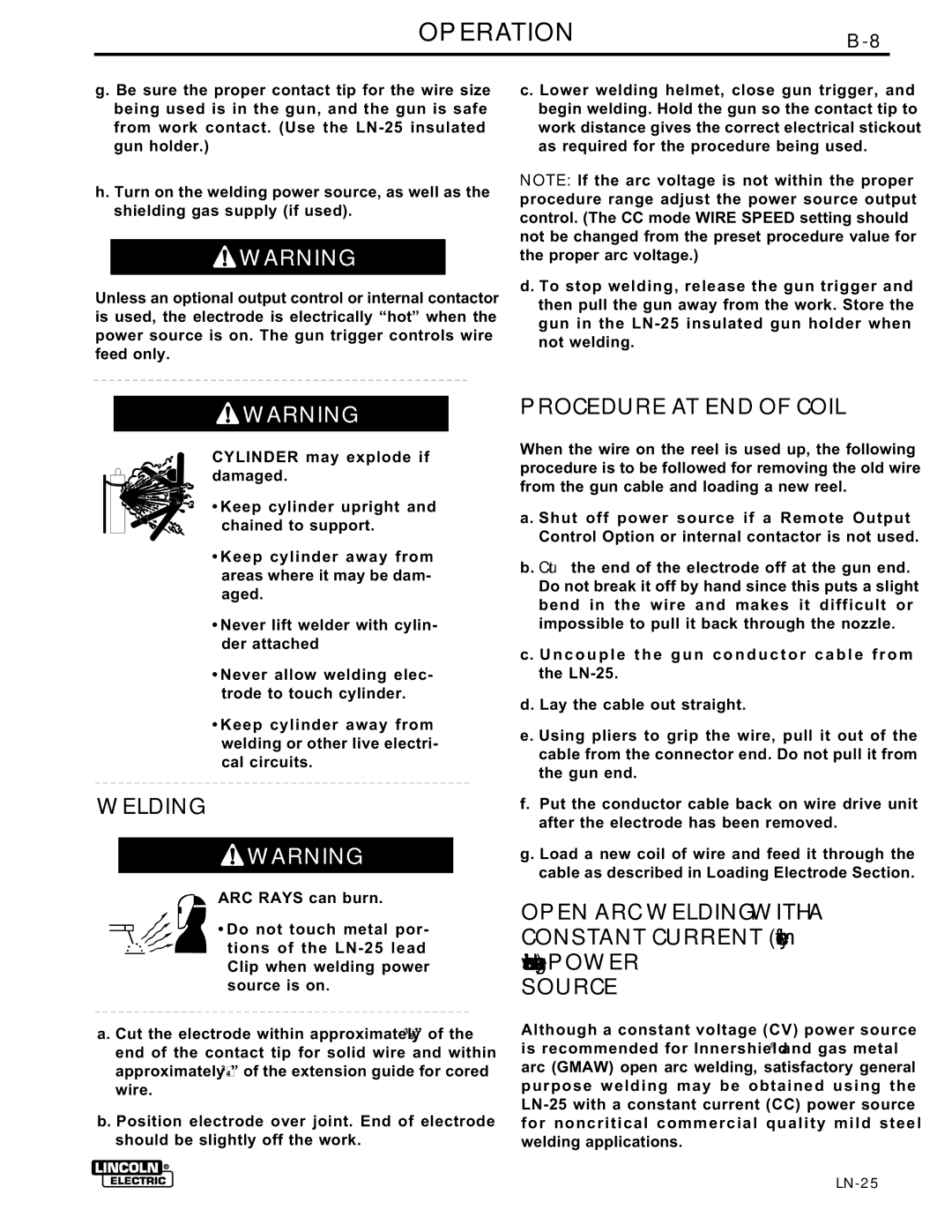 Lincoln Electric IM359-G manual OPERATIONB-8, Welding, Procedure AT END of Coil 