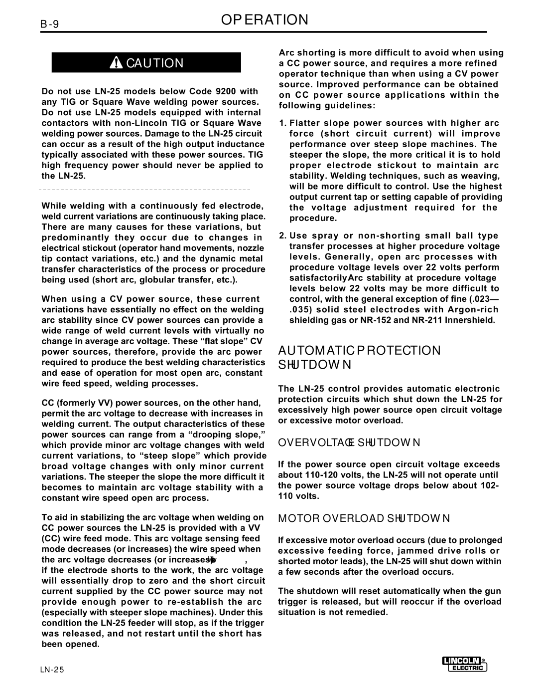 Lincoln Electric IM359-G manual 9OPERATION, Automatic Protection Shutdown, Overvoltage Shutdown, Motor Overload Shutdown 