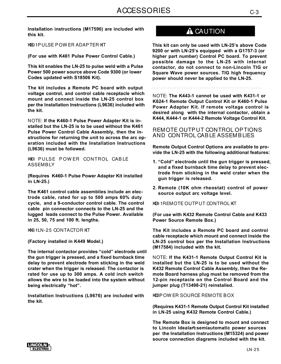 Lincoln Electric IM359-G manual ACCESSORIESC-3, Remote Output Control Options and Control Cable Assemblies 