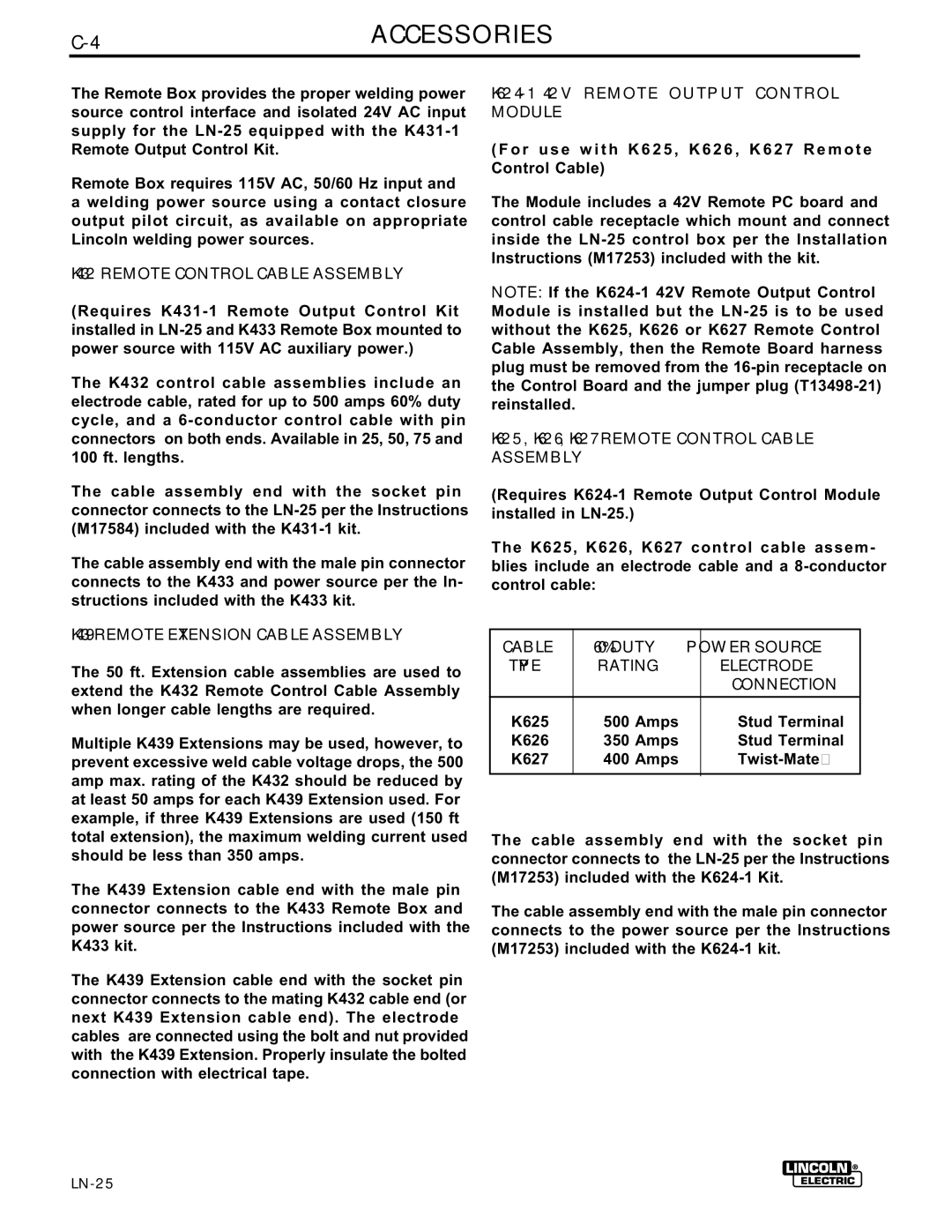 Lincoln Electric IM359-G manual 4ACCESSORIES 