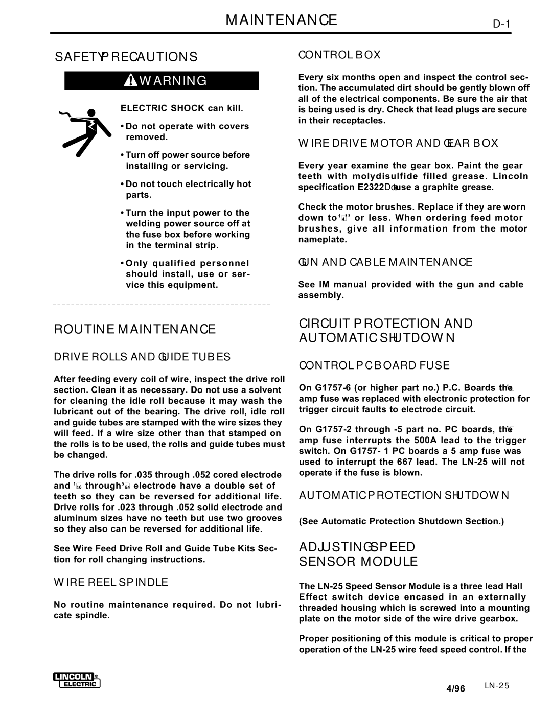 Lincoln Electric IM359-G manual MAINTENANCED-1, Routine Maintenance, Circuit Protection and Automatic Shutdown 