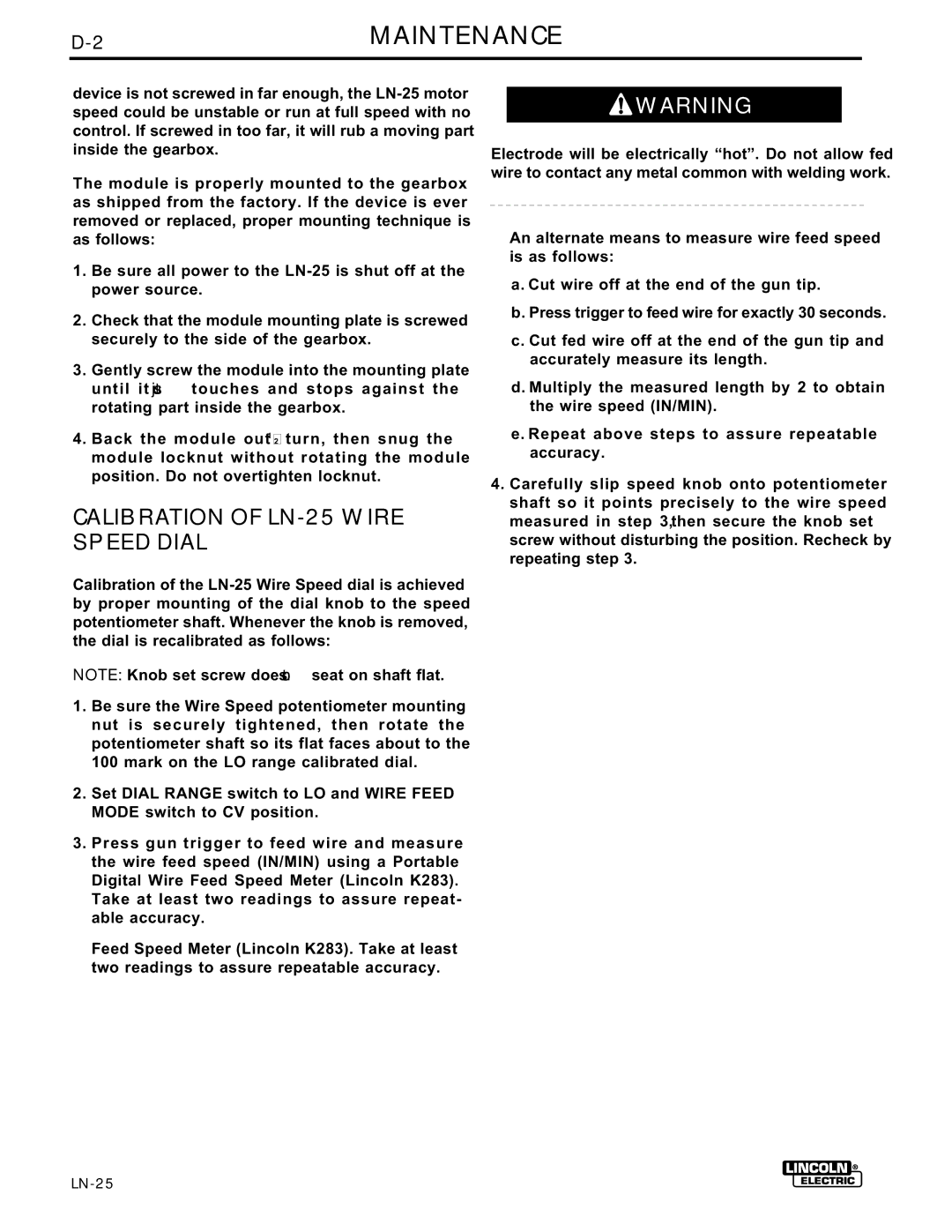 Lincoln Electric IM359-G manual 2MAINTENANCE, Calibration of LN-25 Wire Speed Dial 