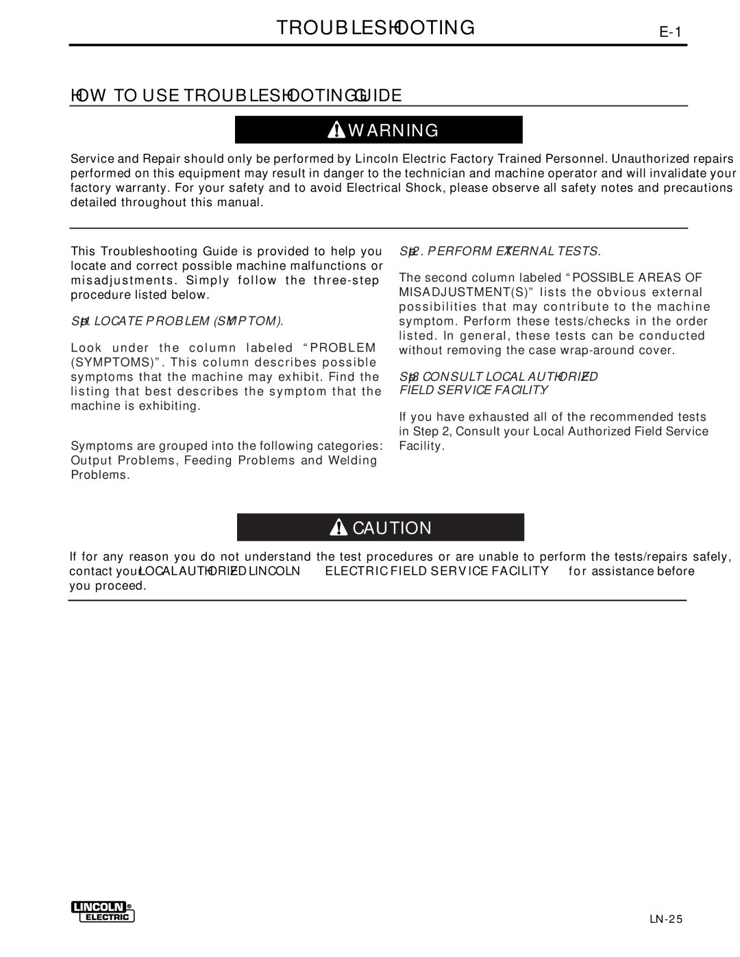 Lincoln Electric IM359-G manual TROUBLESHOOTINGE-1, HOW to USE Troubleshooting Guide 