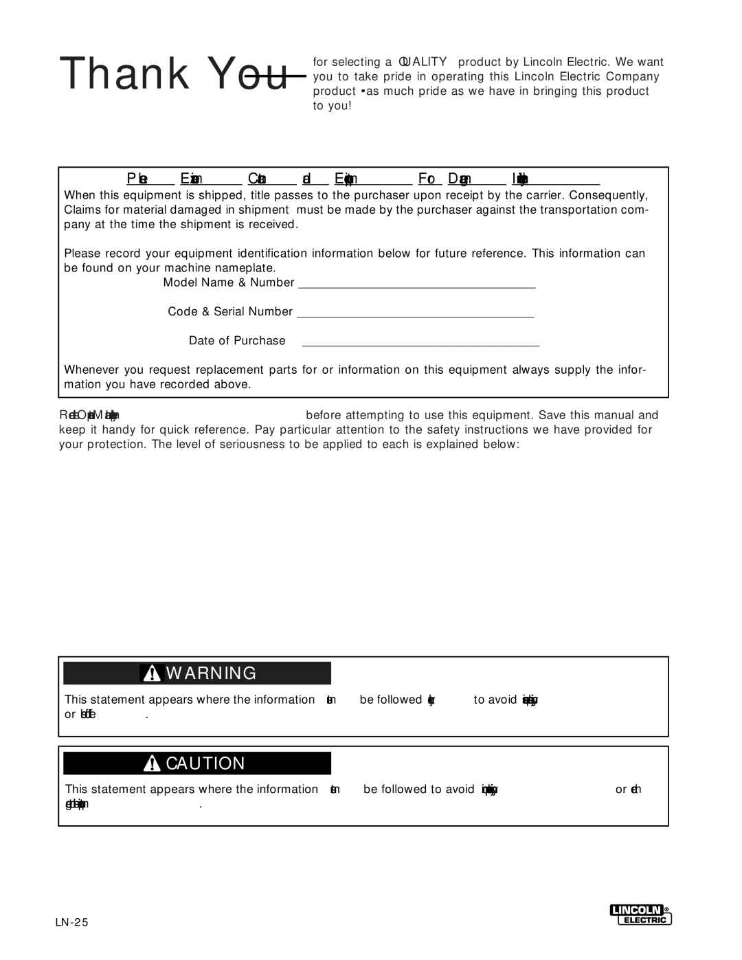 Lincoln Electric IM359-G manual Please Examine Carton and Equipment For Damage Immediately 