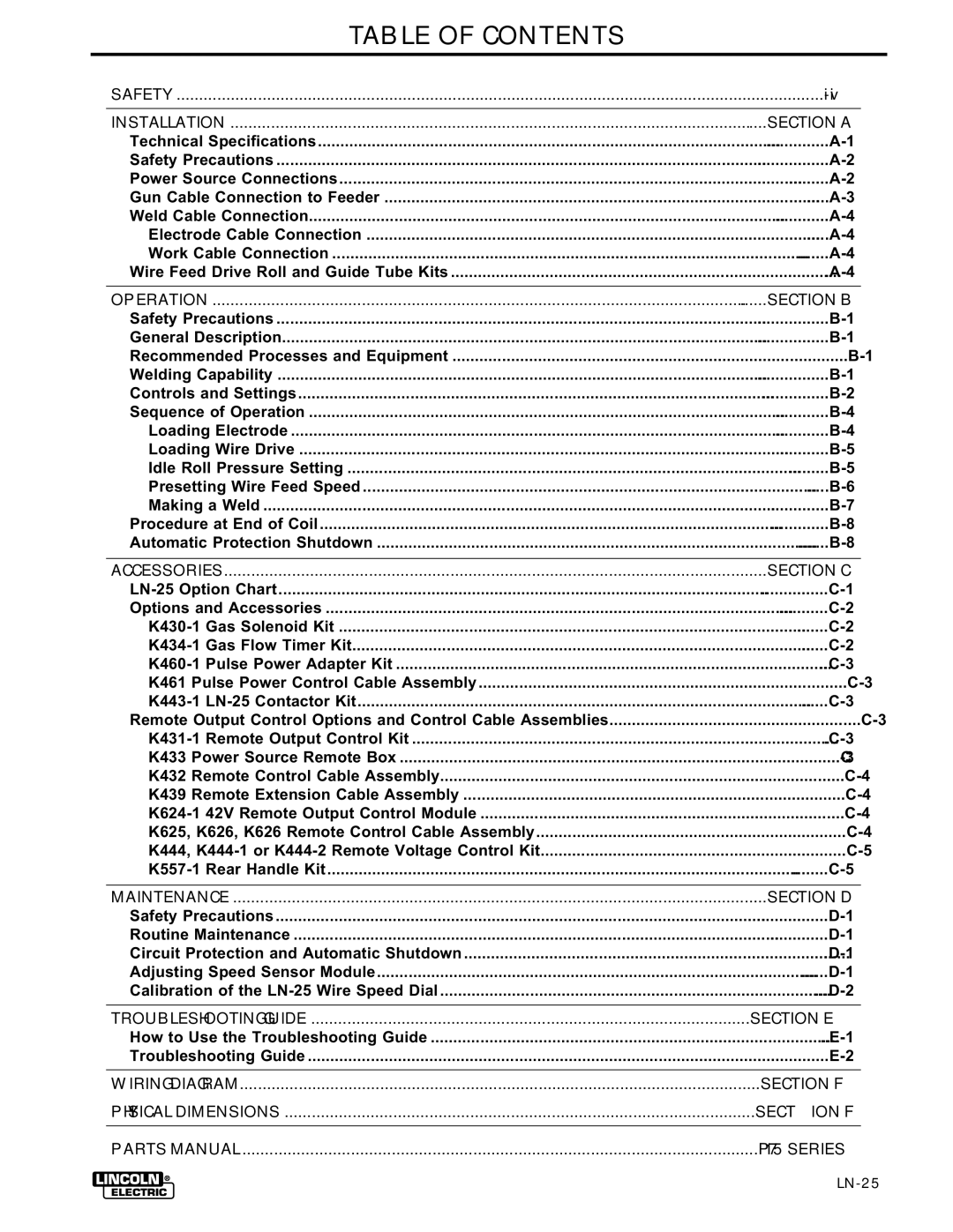 Lincoln Electric IM359-G manual Table of Contents 