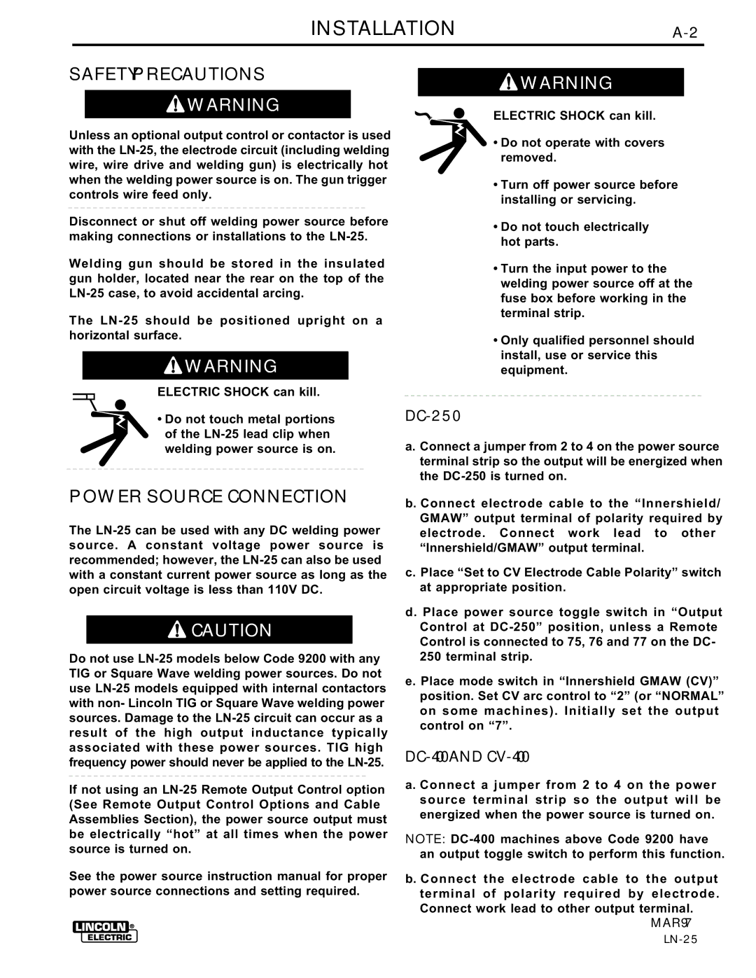 Lincoln Electric IM359-G manual INSTALLATIONA-2, Safety Precautions, Power Source Connection, MAR97 