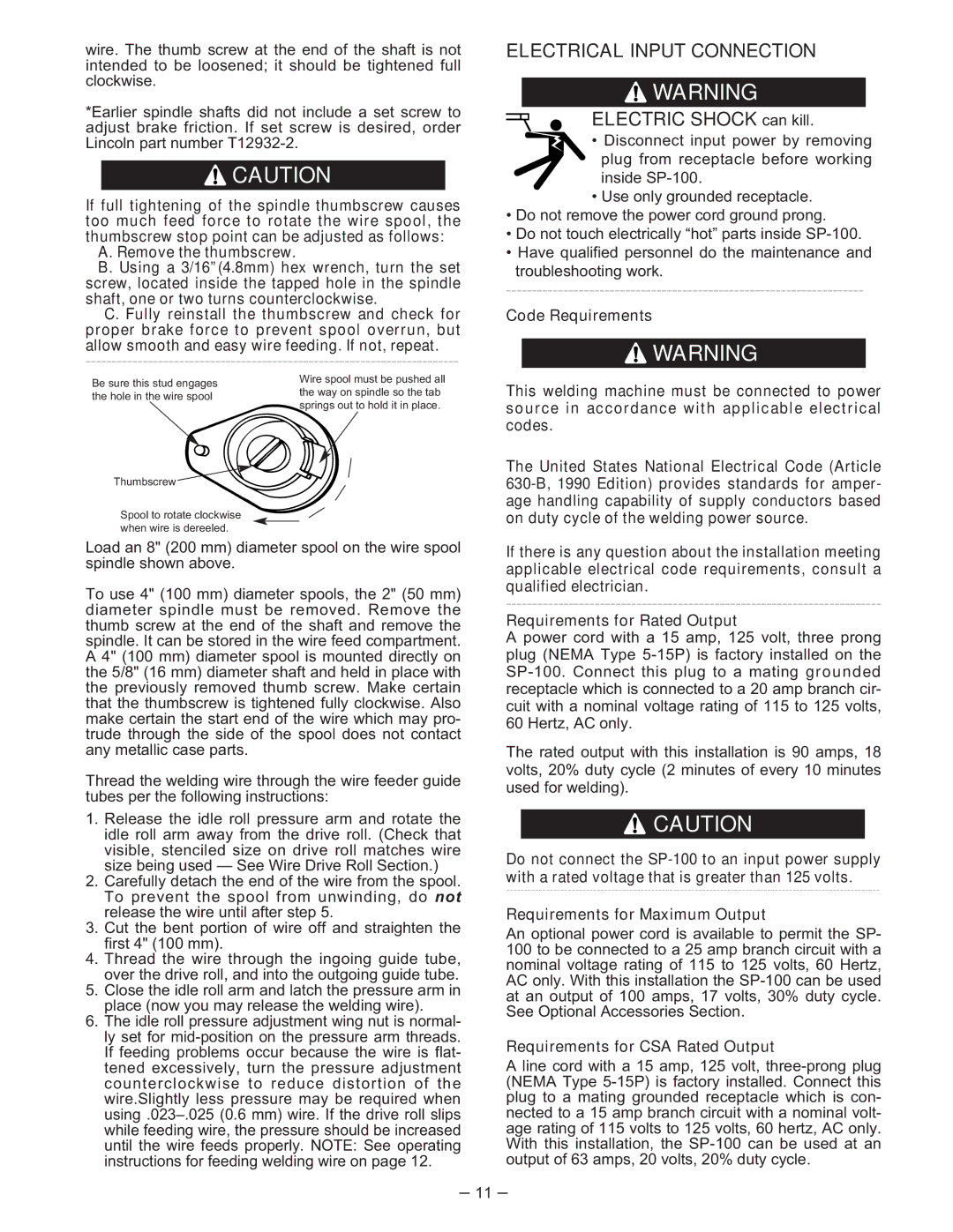 Lincoln Electric IM366-B manual Electrical Input Connection, Code Requirements, Requirements for CSA Rated Output 