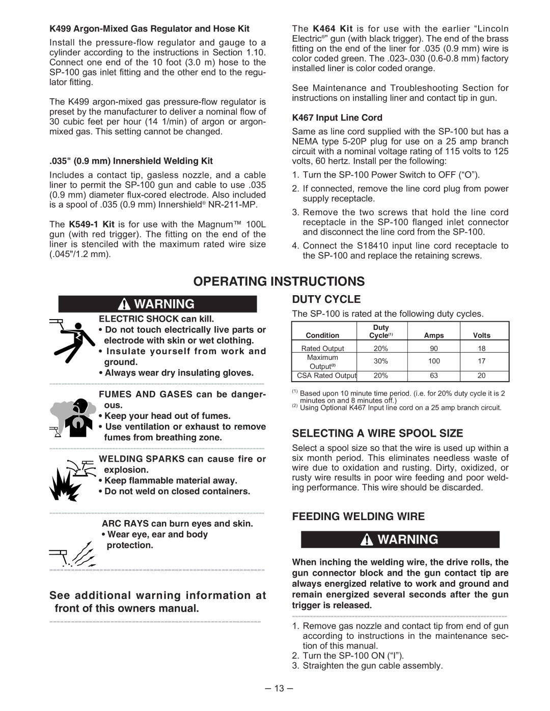 Lincoln Electric IM366-B manual Operating Instructions, Duty Cycle, Selecting a Wire Spool Size, Feeding Welding Wire 