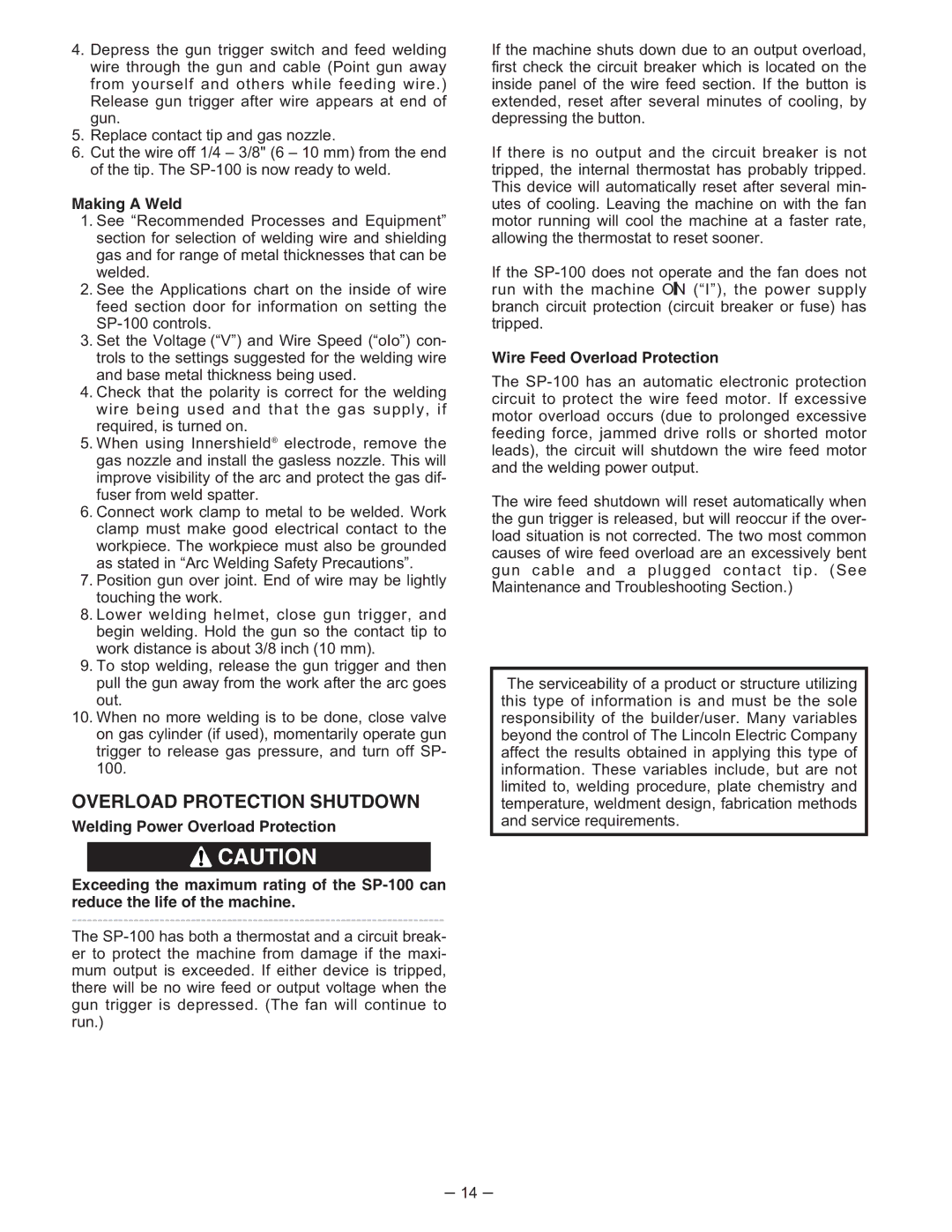 Lincoln Electric IM366-B manual Overload Protection Shutdown, Making a Weld, Wire Feed Overload Protection 