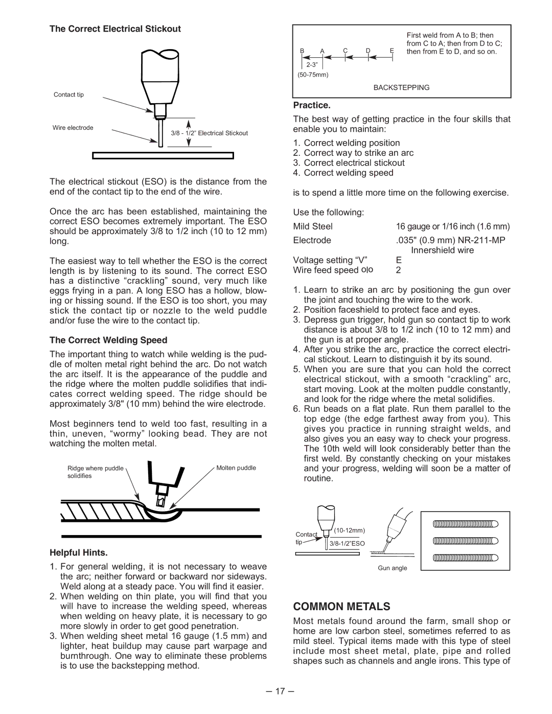 Lincoln Electric IM366-B manual Common Metals, Correct Electrical Stickout, Correct Welding Speed, Helpful Hints, Practice 