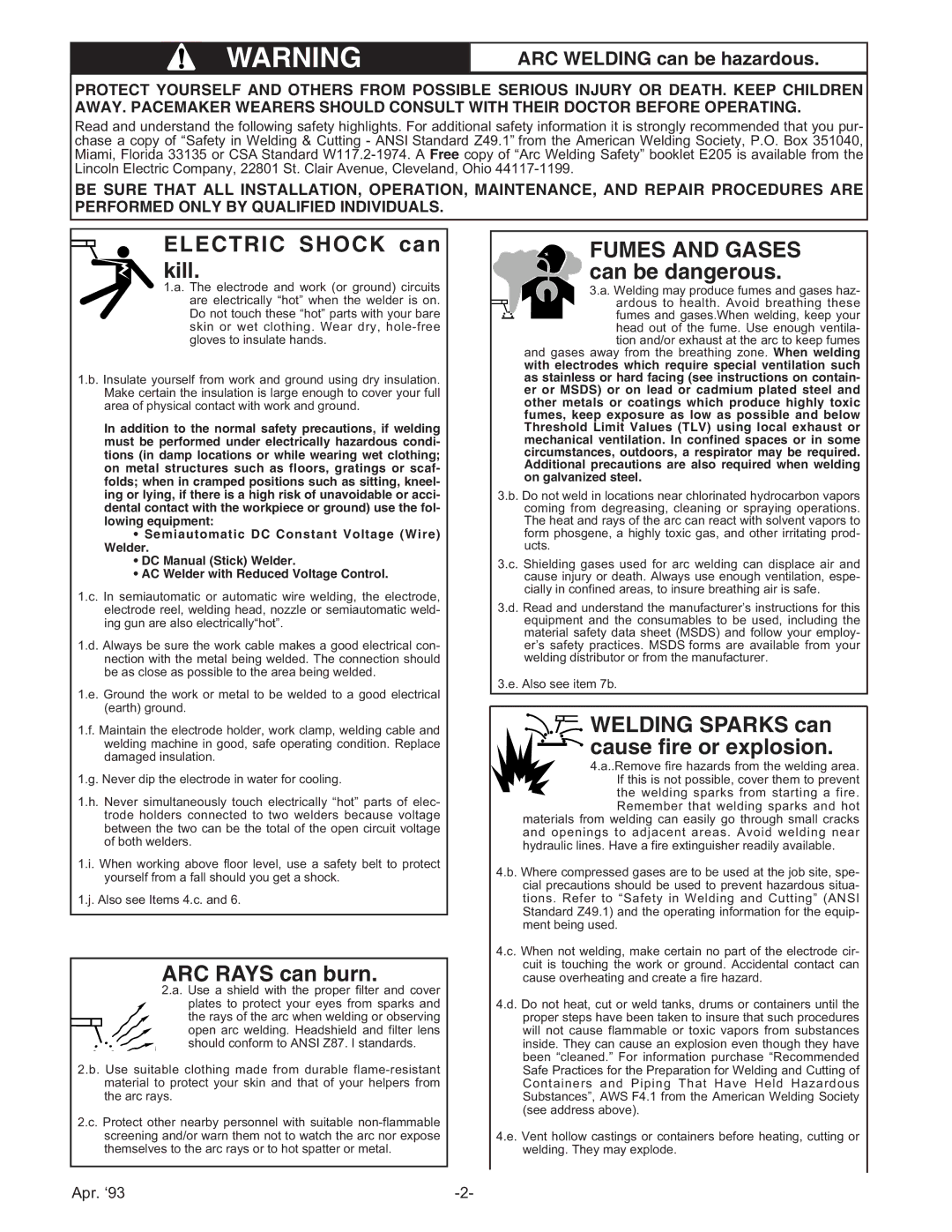 Lincoln Electric IM366-B manual Electric Shock can kill 