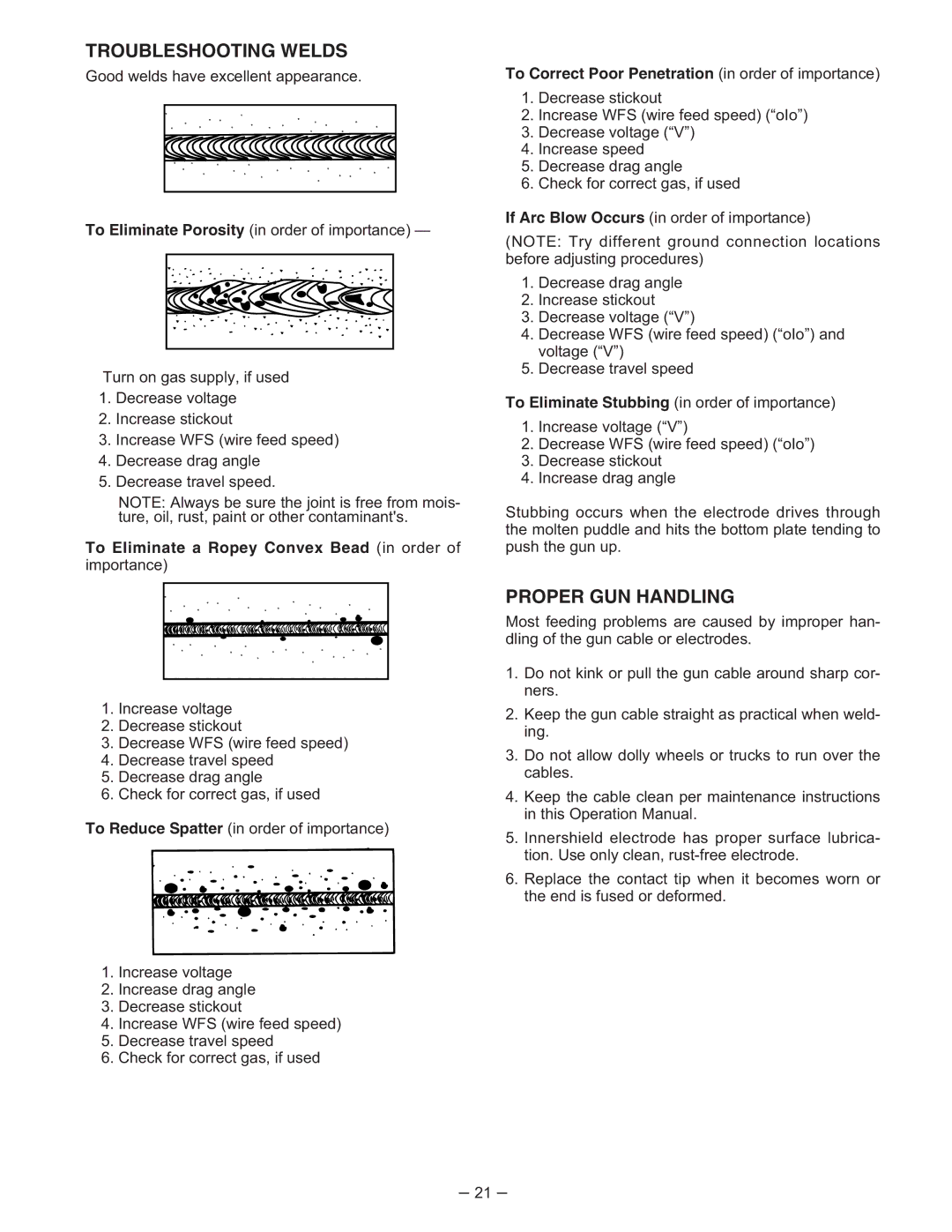 Lincoln Electric IM366-B manual Troubleshooting Welds, Proper GUN Handling, To Eliminate a Ropey Convex Bead in order 