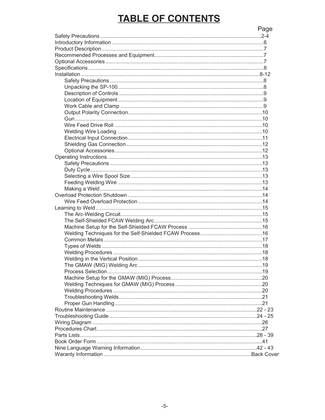 Lincoln Electric IM366-B manual Table of Contents 