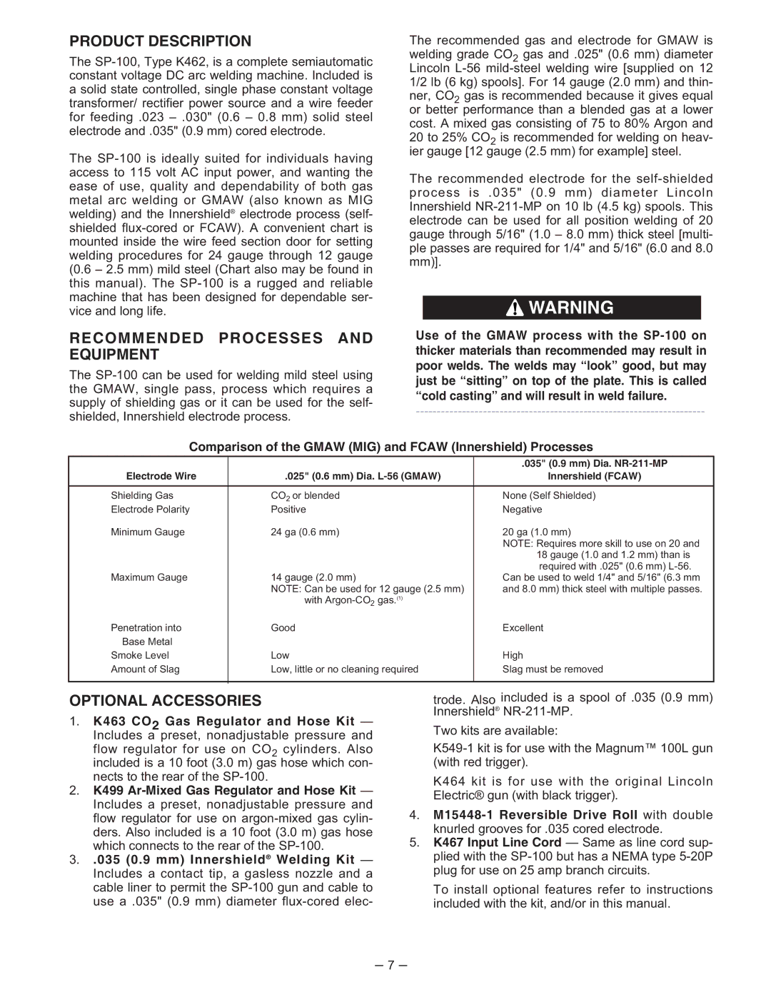 Lincoln Electric IM366-B manual Product Description, Recommended Processes and Equipment, Optional Accessories 