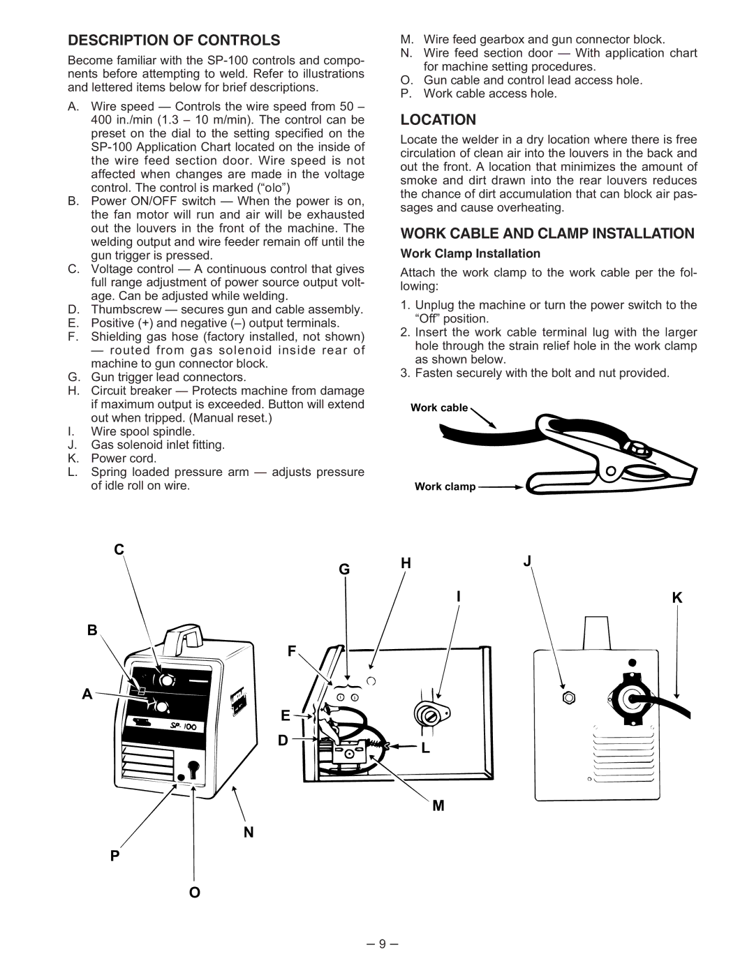 Lincoln Electric IM366-B Description of Controls, Location, Work Cable and Clamp Installation, Work Clamp Installation 