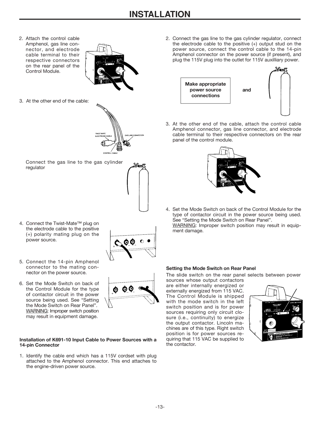 Lincoln Electric IM398 manual Make appropriate, Connections, Setting the Mode Switch on Rear Panel 