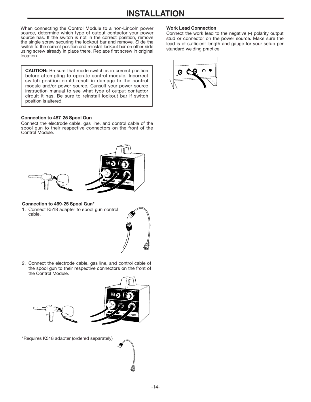 Lincoln Electric IM398 manual Connection to 487-25 Spool Gun, Connection to 469-25 Spool Gun, Work Lead Connection 