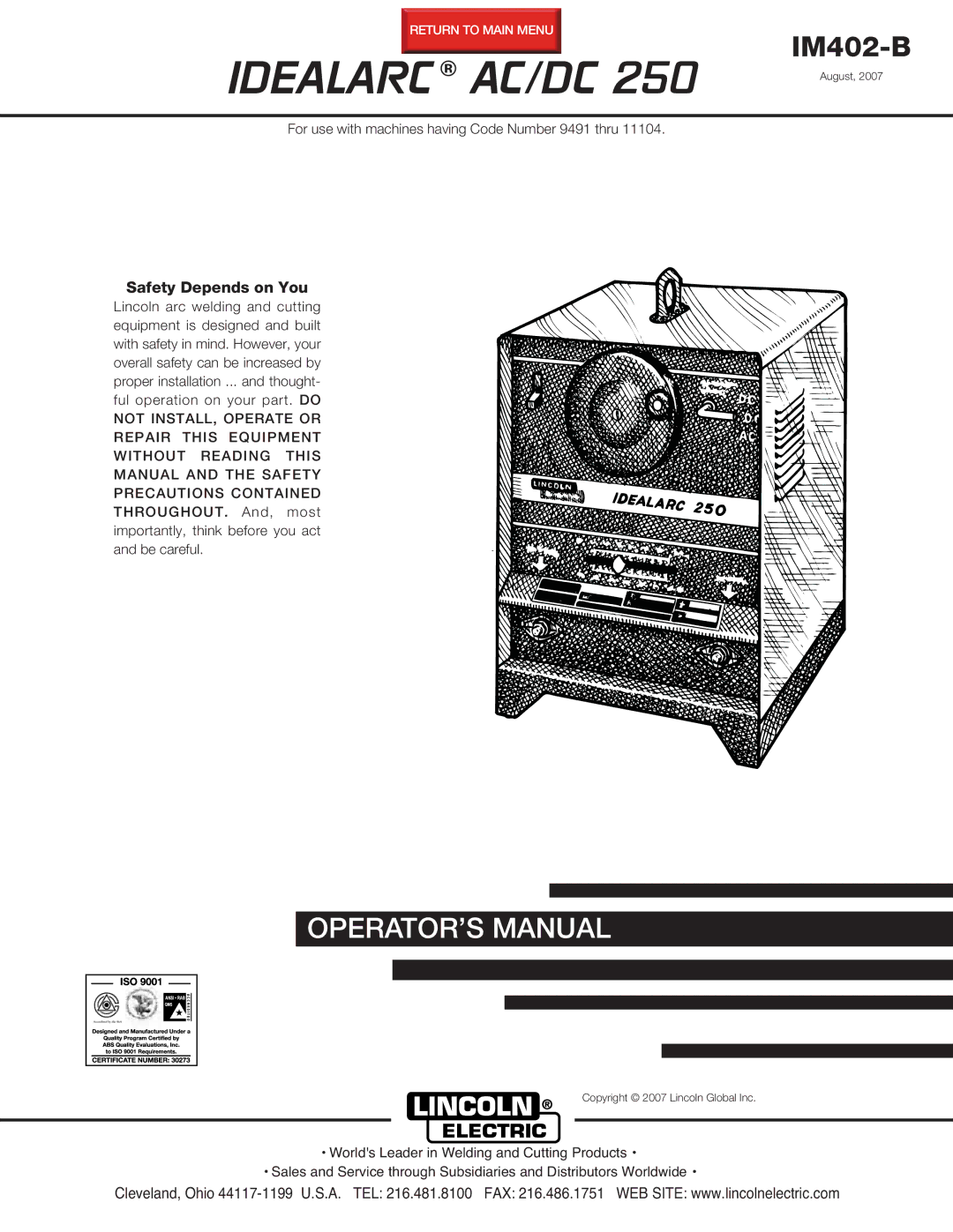 Lincoln Electric IM402-B manual Idealarc AC/DC 