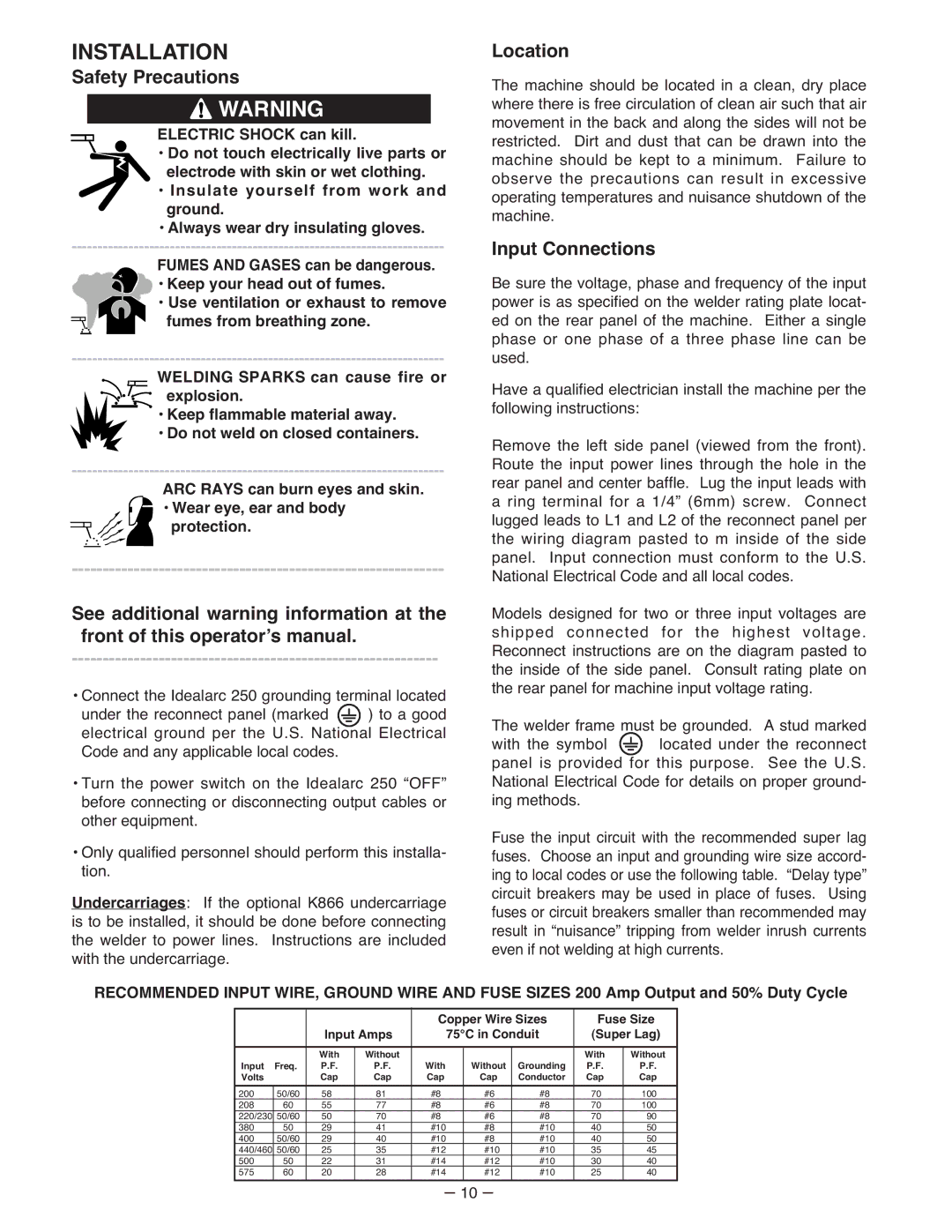 Lincoln Electric IM402-B manual Installation, Safety Precautions, Location, Input Connections 