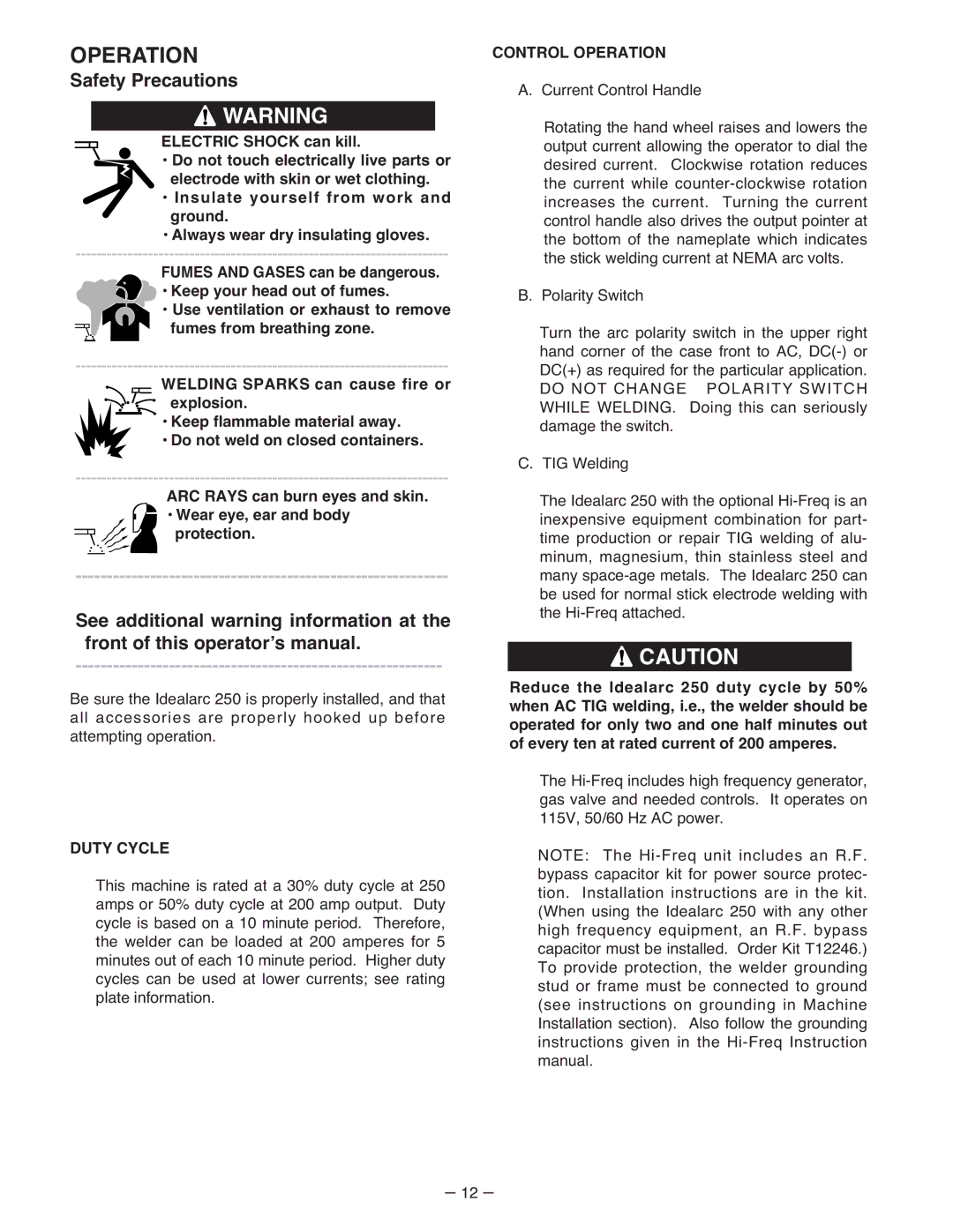 Lincoln Electric IM402-B manual Operation, Duty Cycle 