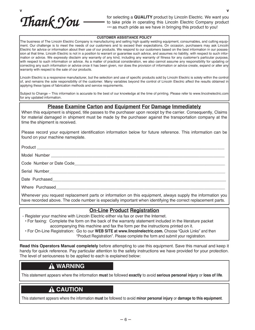 Lincoln Electric IM402-B manual Please Examine Carton and Equipment For Damage Immediately, On-Line Product Registration 