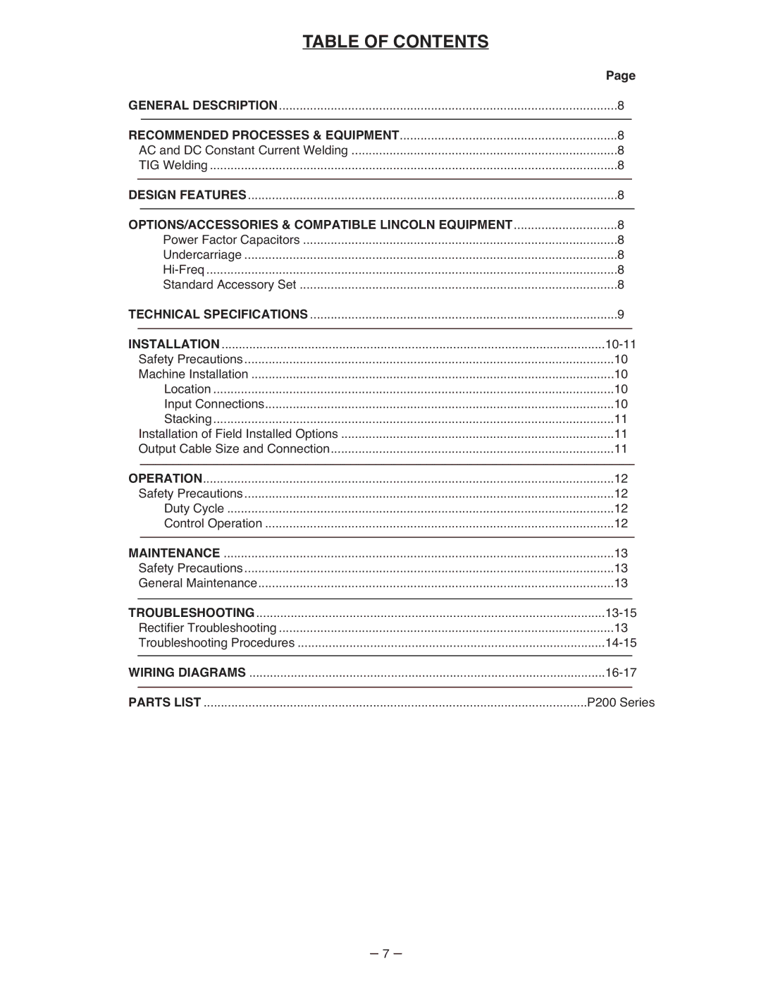 Lincoln Electric IM402-B manual Table of Contents 