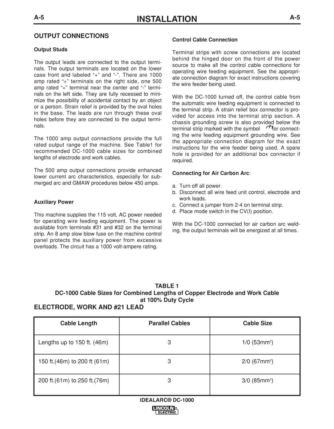 Lincoln Electric IM420-D manual Output Connections, ELECTRODE, Work and #21 Lead 