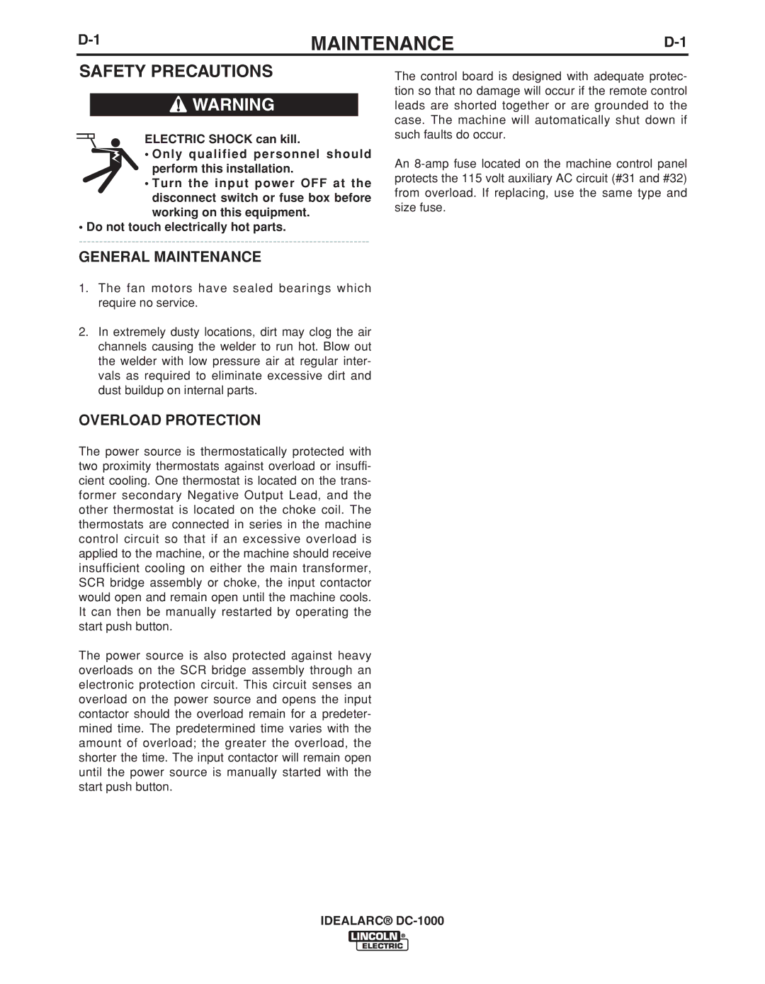 Lincoln Electric IM420-D manual General Maintenance, Overload Protection 